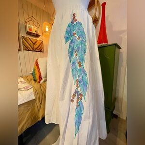 🎨Vintage One-of-a-Kind Sunbelt Maxi Skirt with Hand Painted Blue Feather Design